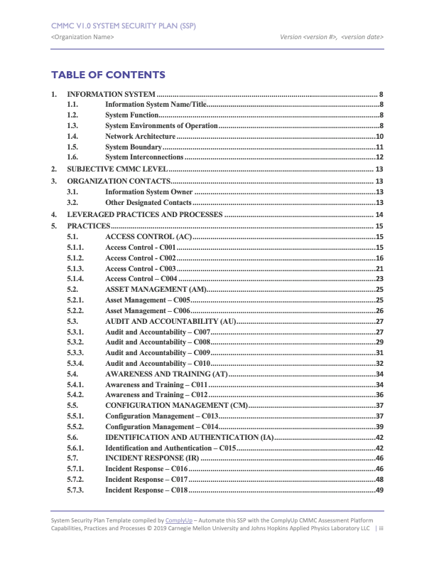 CMMC SSP Table of Contents